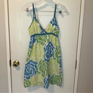 Retro Aeropostale Blue and Green Floral Sun Dress Sz Small Smocking Stretched